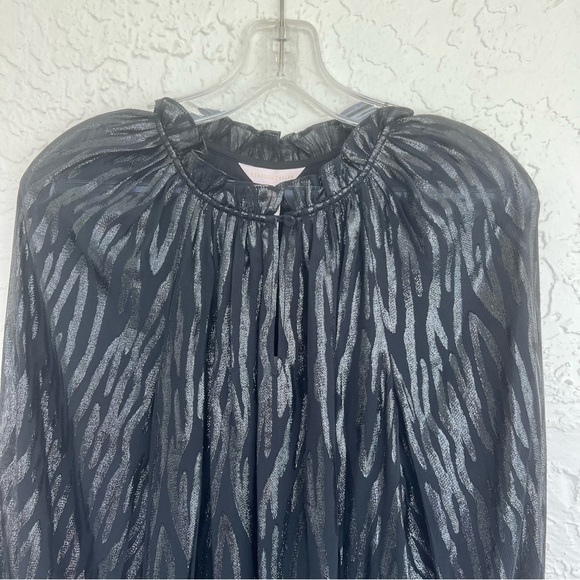 Rebecca Taylor Revolve Shirt Safari Metallic Ruffle Silk Blouse in Black - Picture 8 of 13